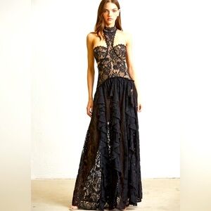 Elegant Black Lace Evening Gown princesa drop waitst maxi dress M 12th tribe New